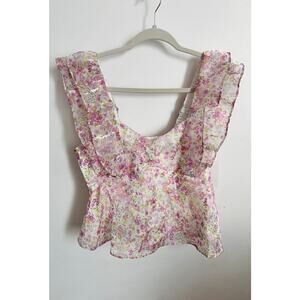 Wildfox Women's Top Size M White Pink Floral Ruffle Sleeveless Blouse Shirt